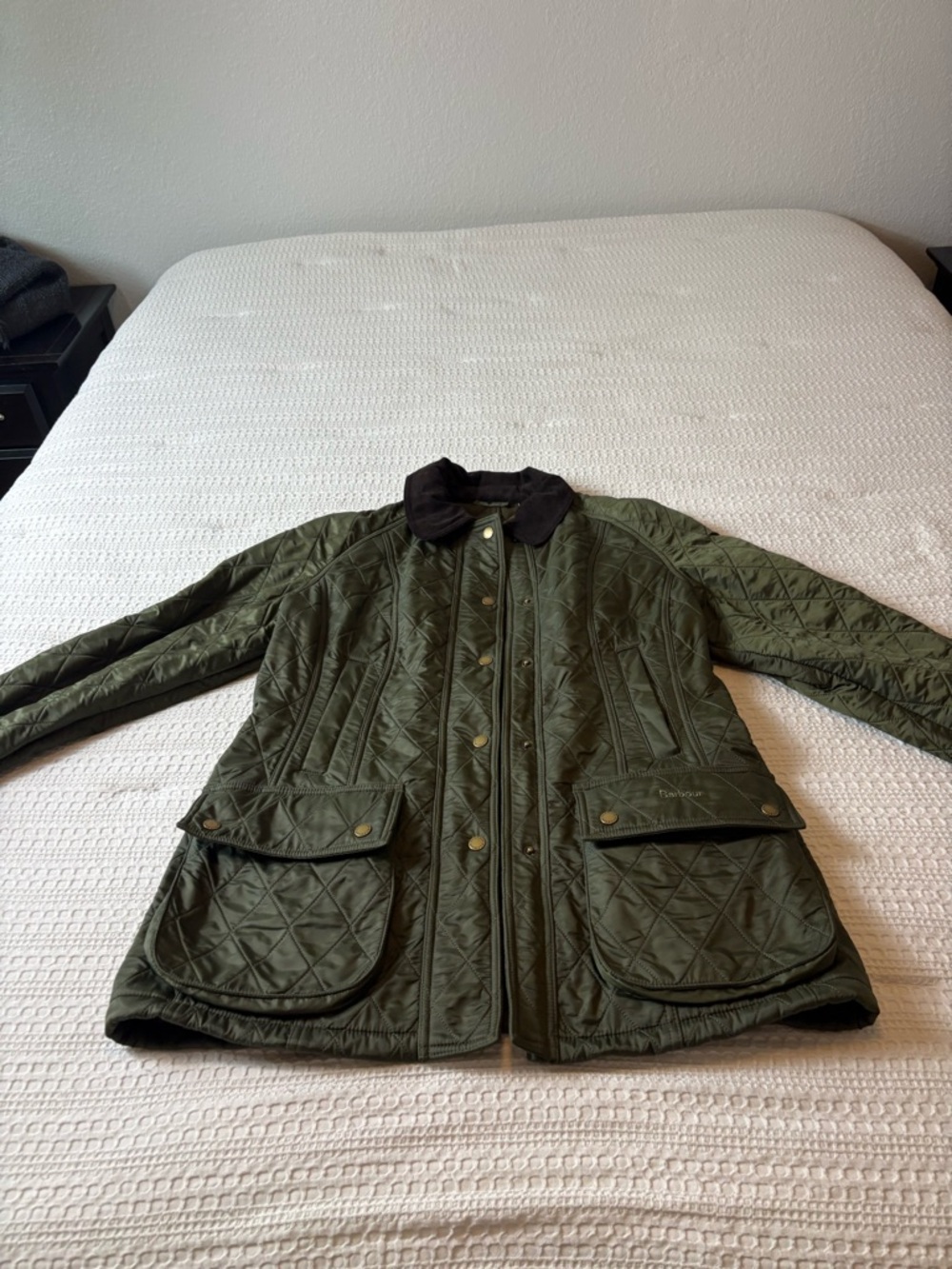 Barbour Olive Green Quilted Utility Jacket with Dark Contrast Collar